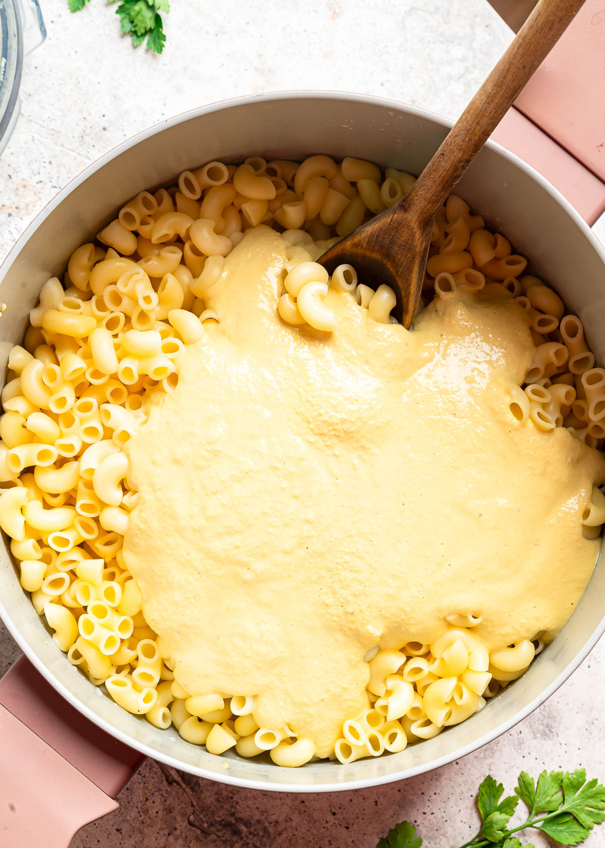 A pot of vegan mac and cheese ready to be mixed