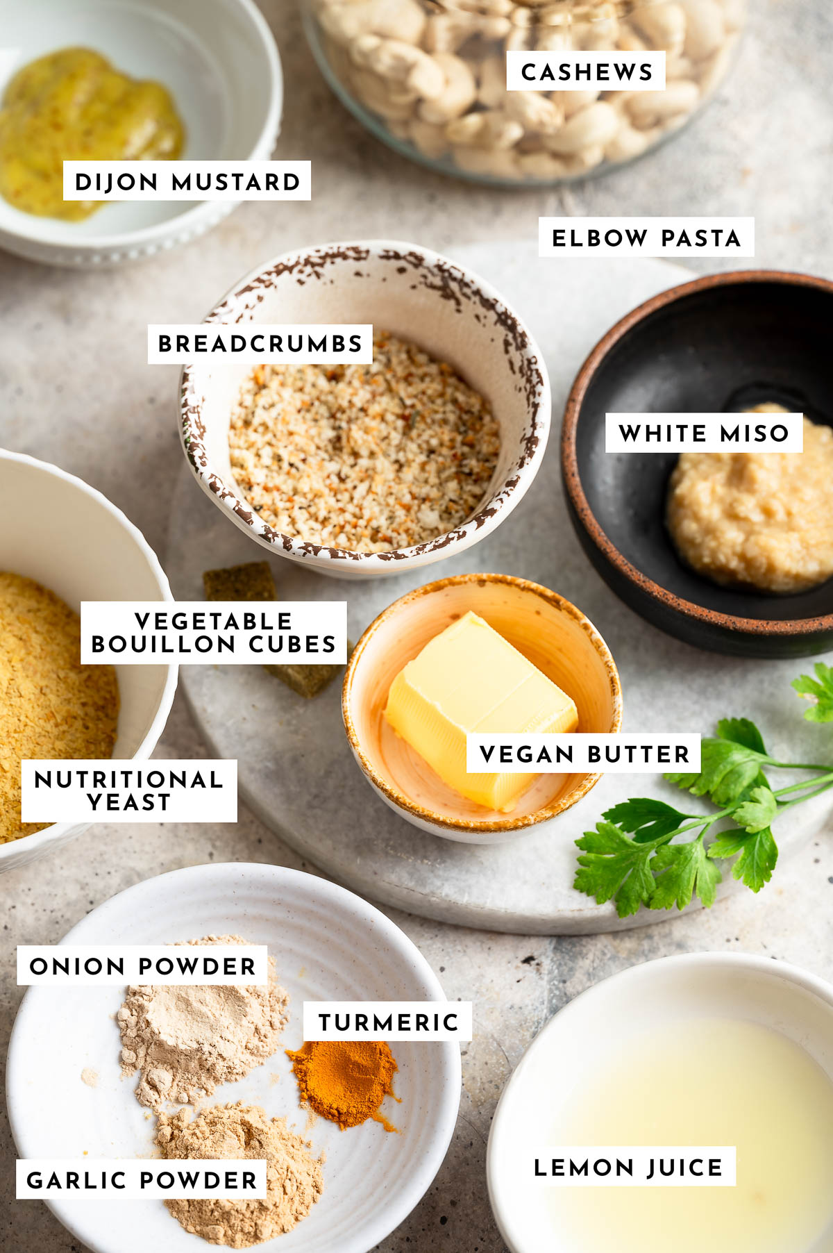 Ingredients for vegan mac and cheese recipe