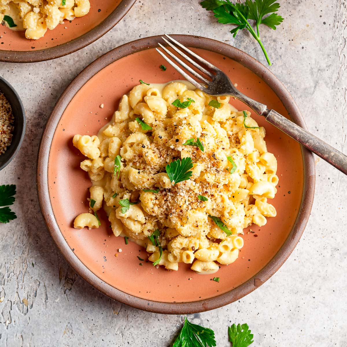 Creamy vegan mac and cheese recipe on a plate