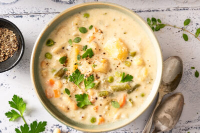 Creamy vegan vegetable soup ready to eat