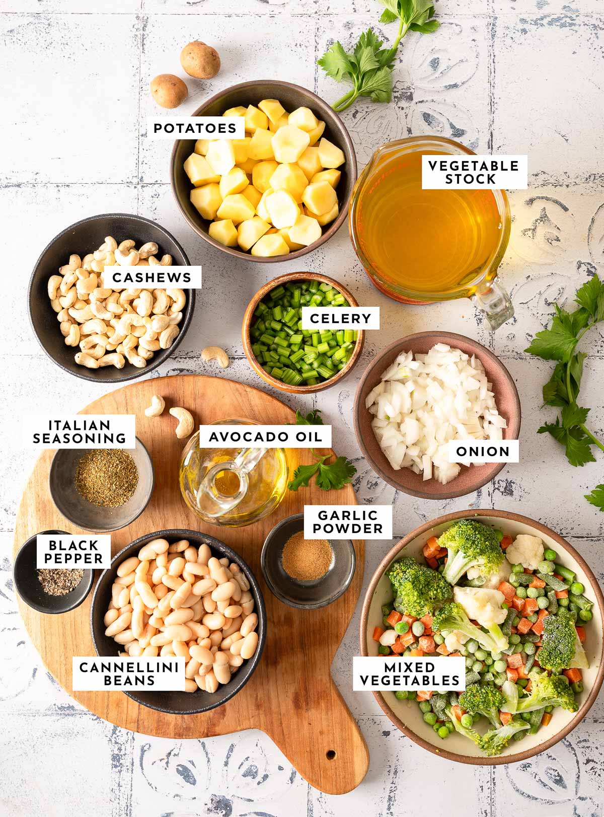Ingredients for making creamy vegetable soup.