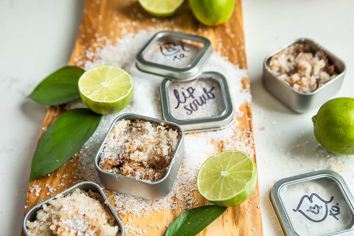 how to make a lip scrub in cute metal tins using all natural ingredients.