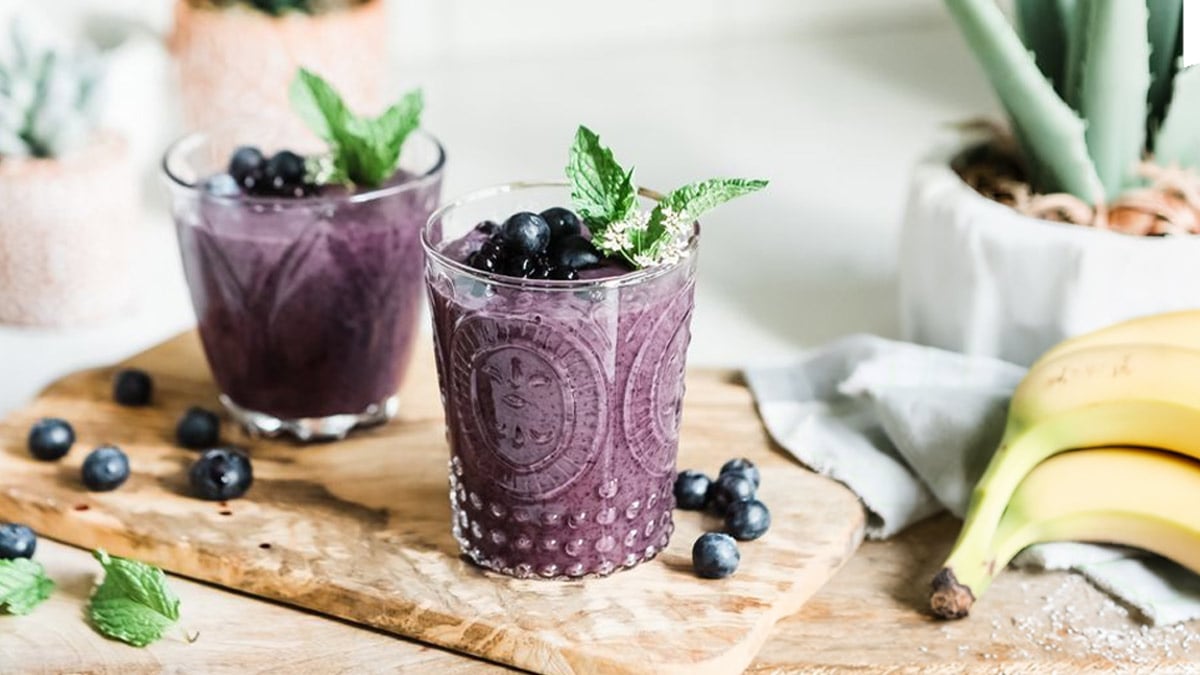 Easy blueberry smoothies on a cutting board
