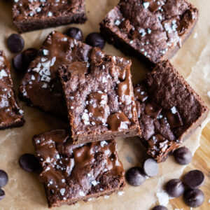 Close-up of freshly baked, fudgy brownie squares