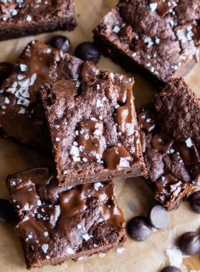 Close-up of freshly baked, fudgy brownie squares
