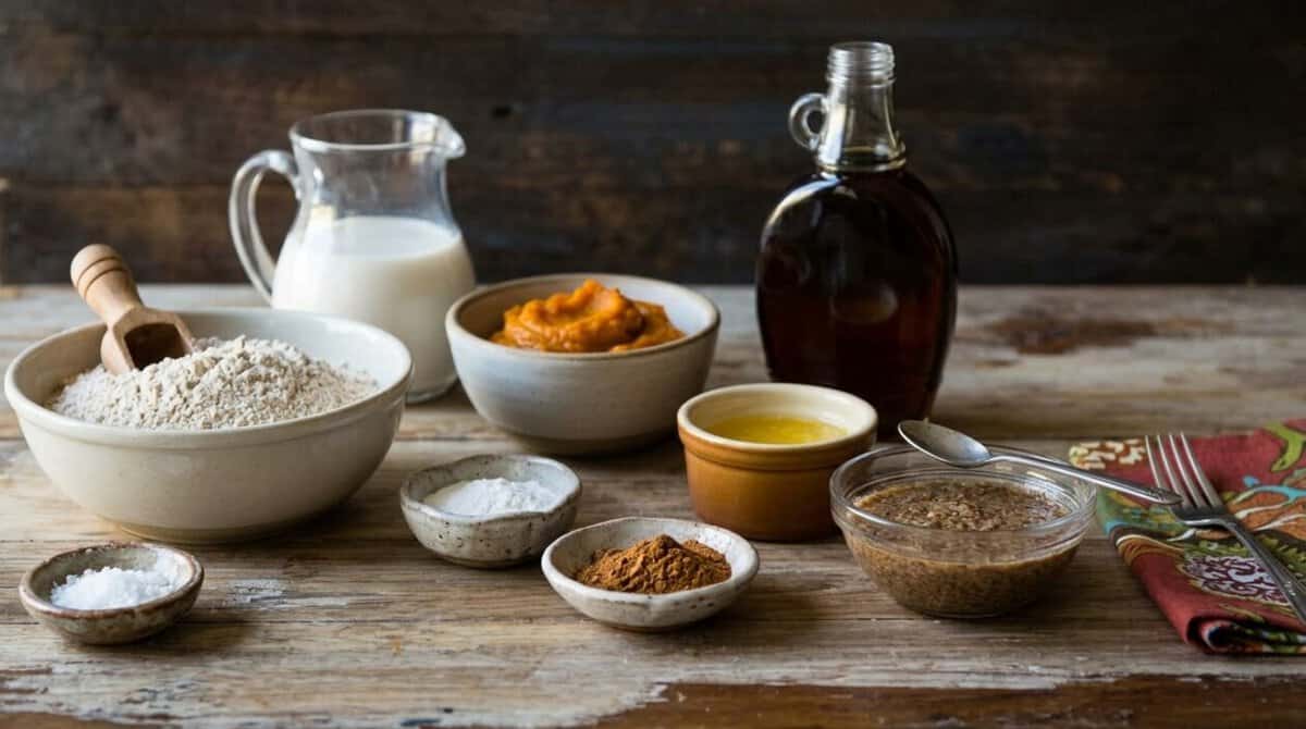Ingredients for healthy baking including flour, milk, pumpkin, and spices.