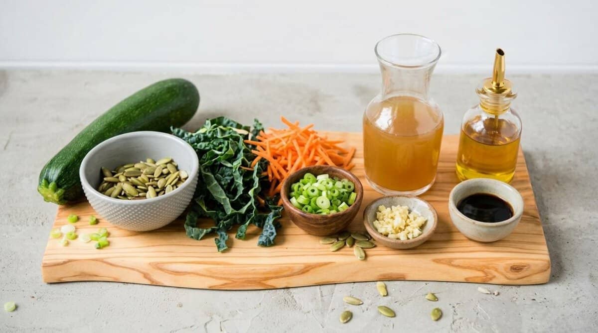 Fresh cucumber, kale, carrots, and green onions for green smoothie ingredients.