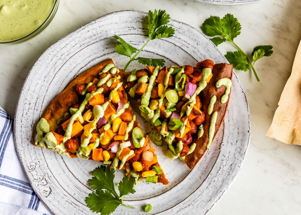two BBQ vegetarian pizza slices