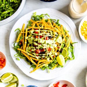 Healthy taco salad recipe served on a plate.