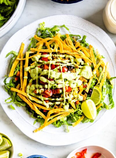 Healthy taco salad recipe served on a plate.