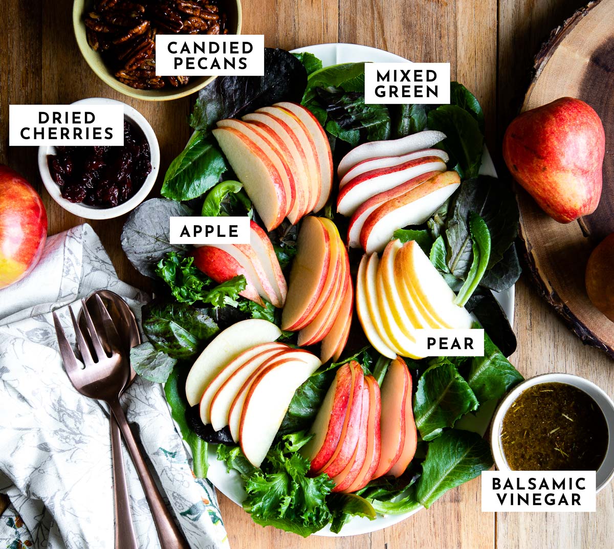 Labeled ingredients for a fall harvest salad recipe