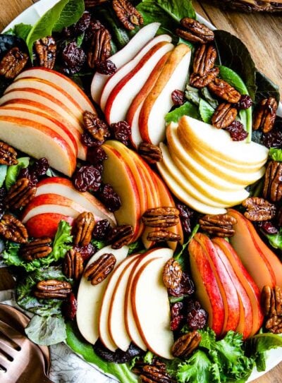 A vibrant and colorful fall harvest salad recipe with candied pecans, ready to be served