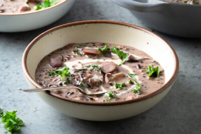 Hearty vegan wild rice soup in a bowl