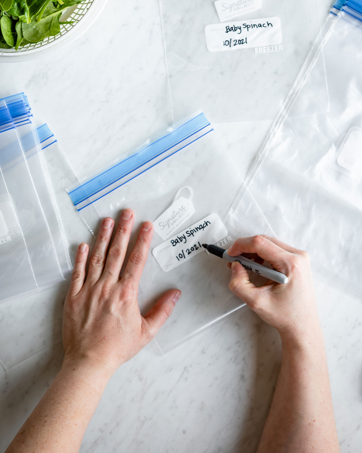 Hands writing labeling and dating zip lock bags.