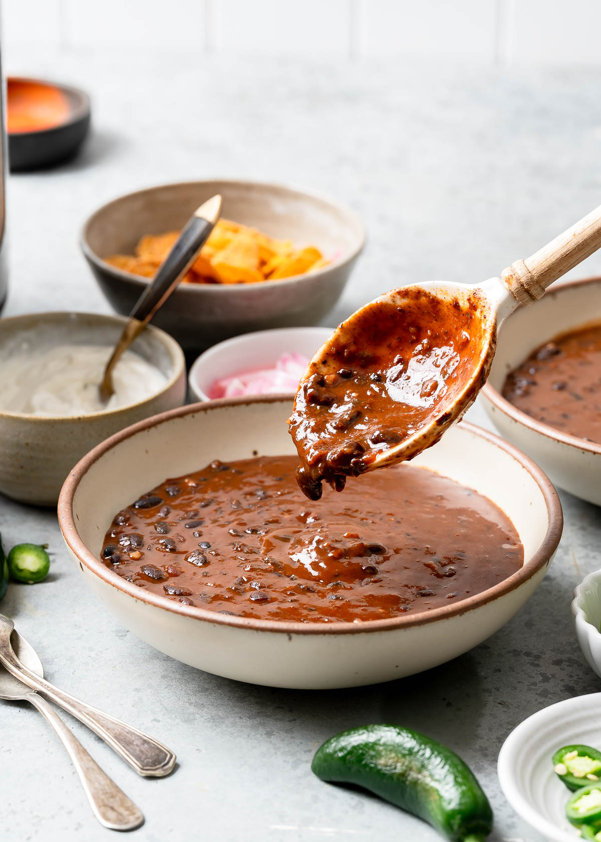 Creamy black bean soup in a bowl
