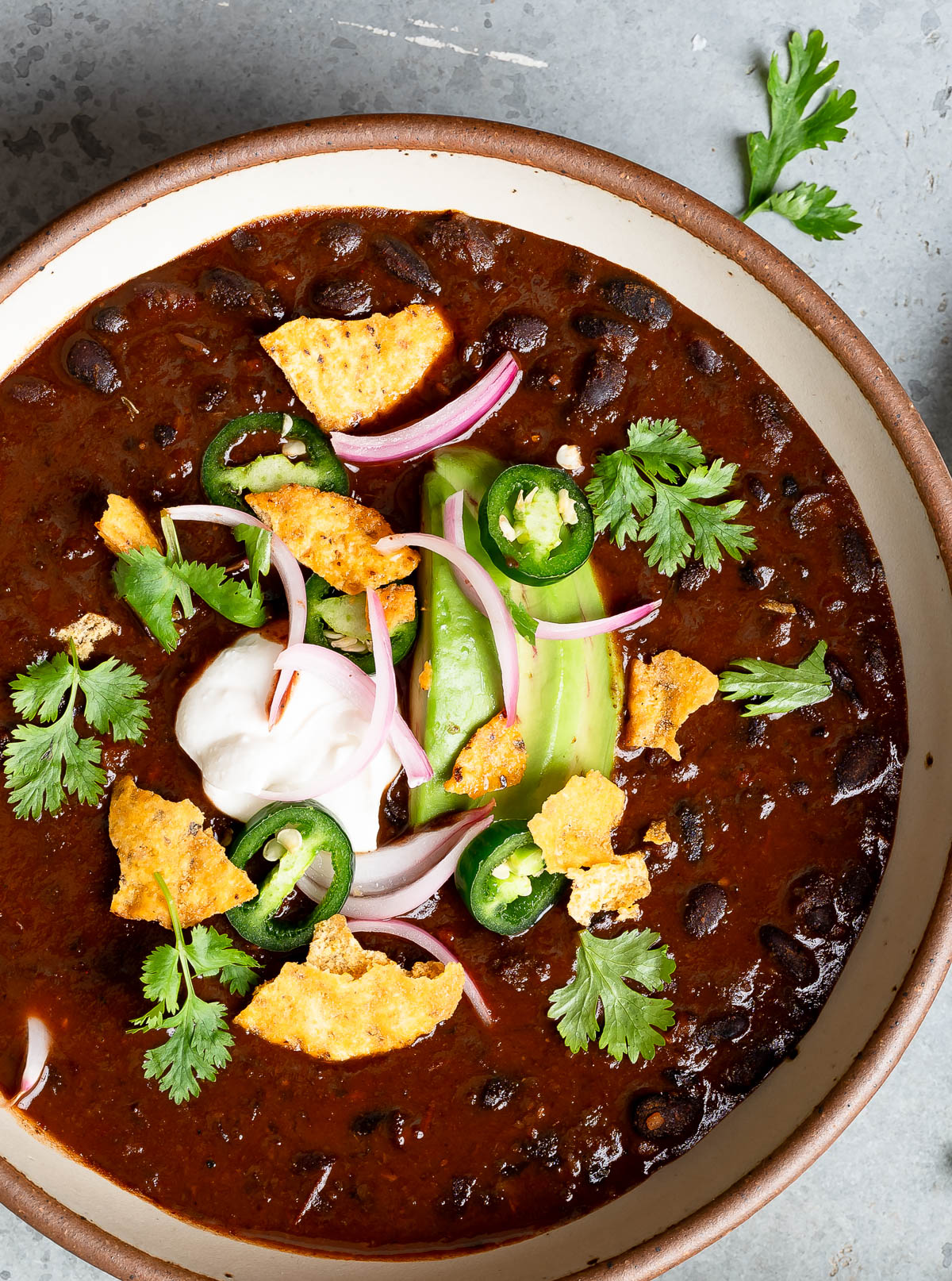 Instant pot black bean soup with veggies and tortilla chips for toppings