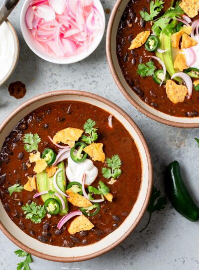 Instant black bean soup in a bowl