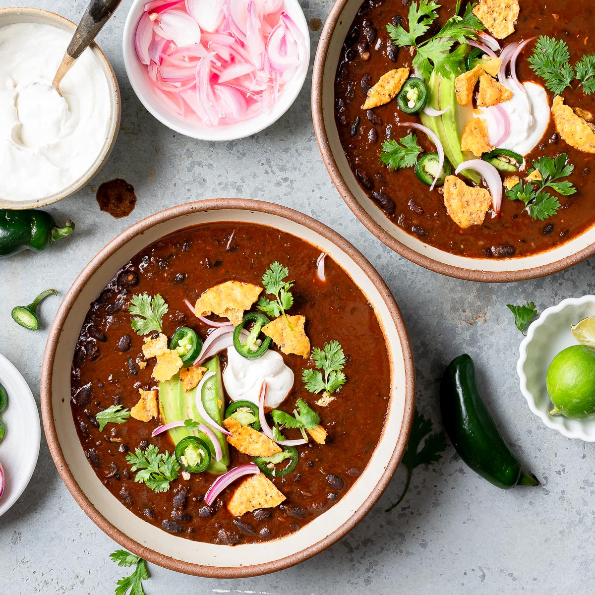 Instant black bean soup in a bowl