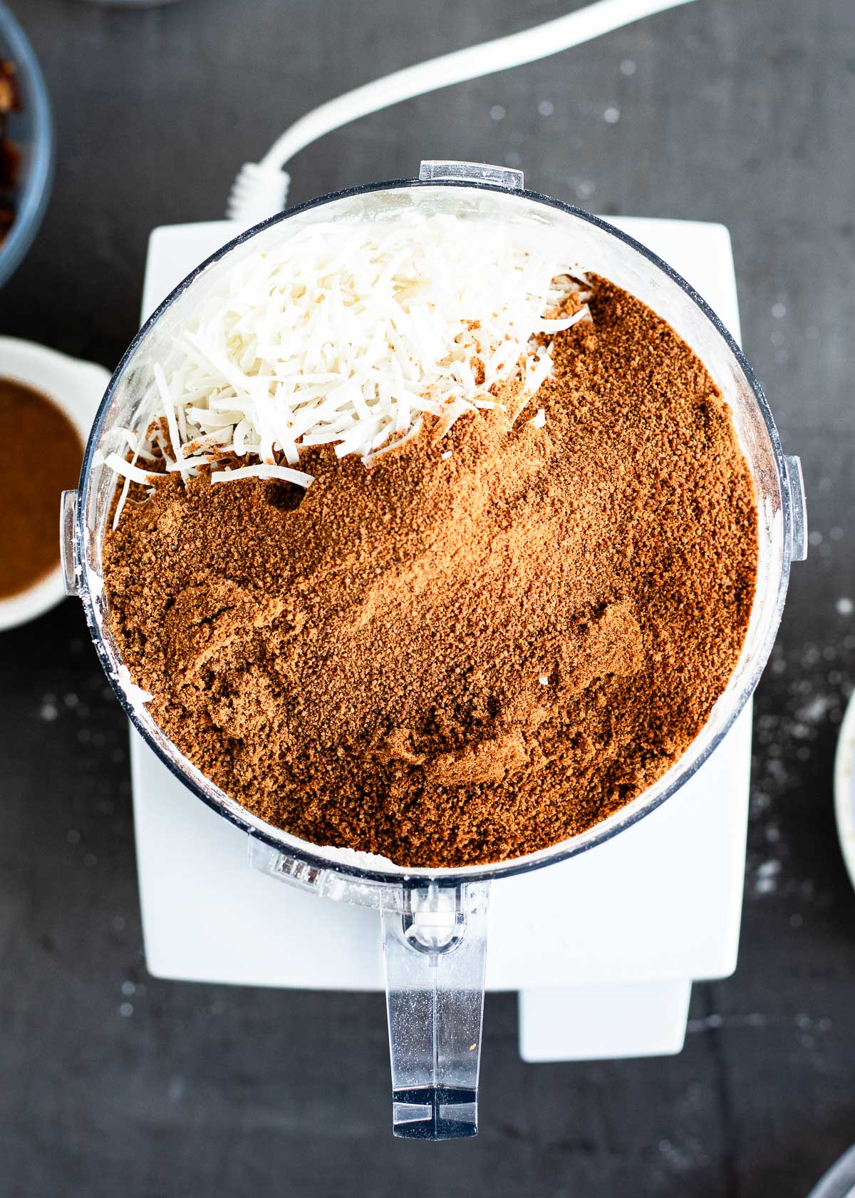 Coconut sugar and flaxseed meal in a food processor