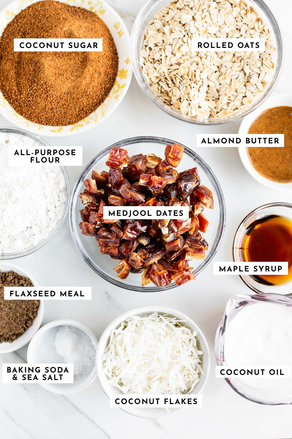 Labeled ingredients for oatmeal date bar recipe