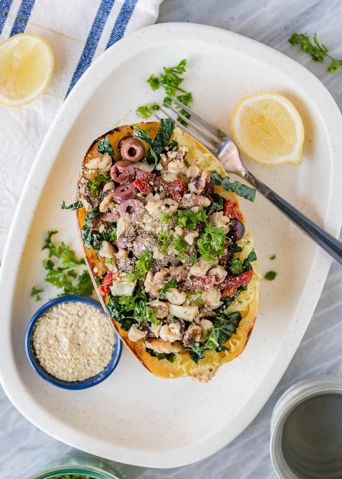 Baked spaghetti squash bowl with nutrient-rich toppings