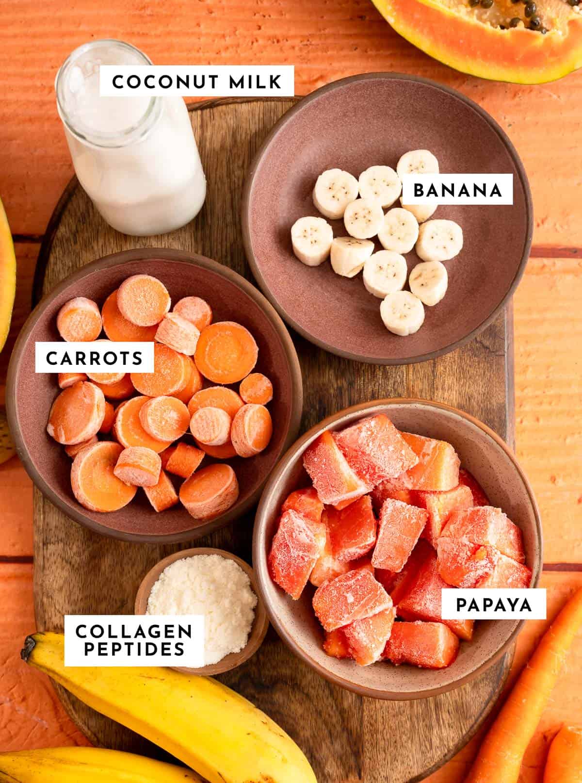 Labeled ingredients for a papaya banana smoothie