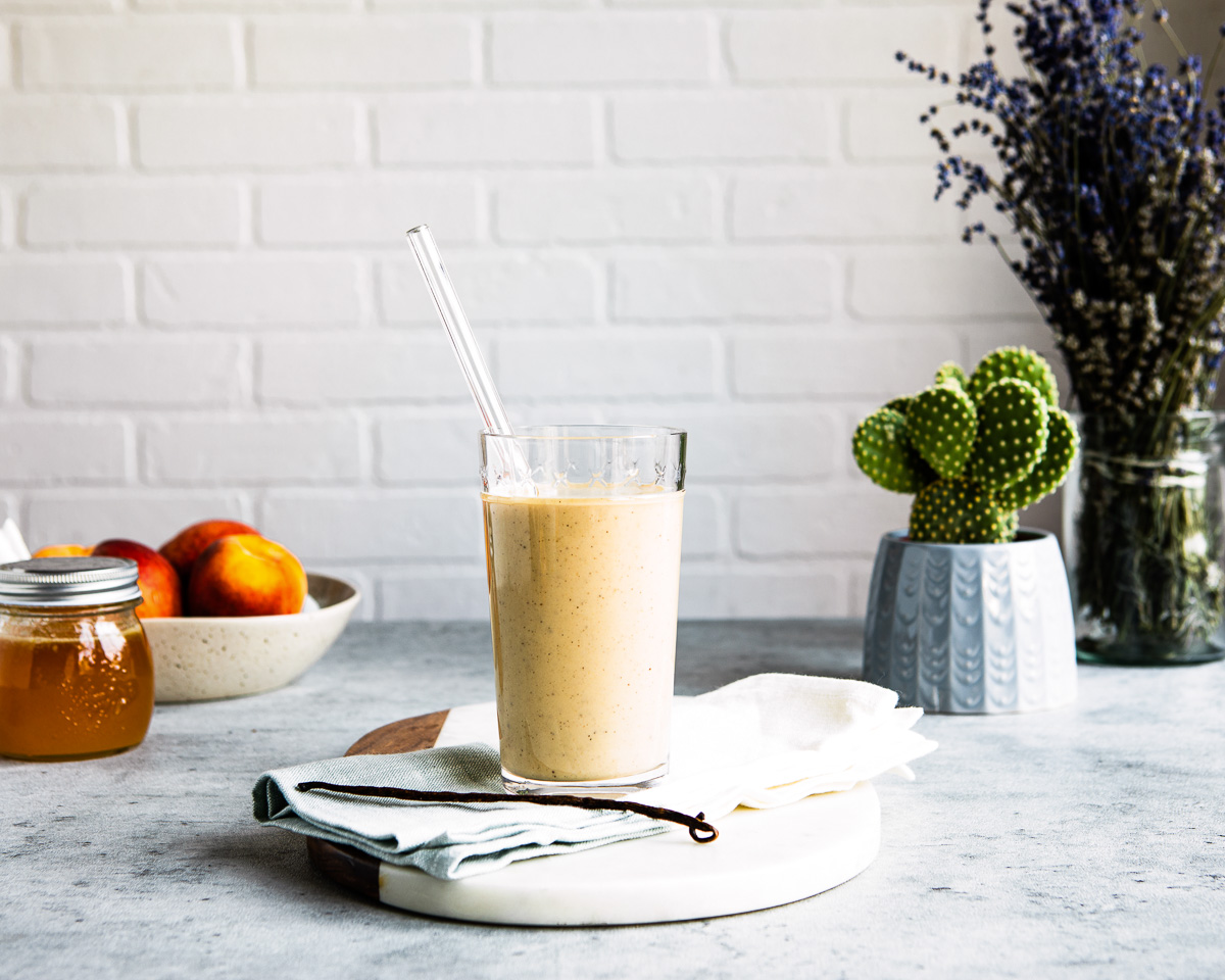 A single yogurt smoothie serving on a tray