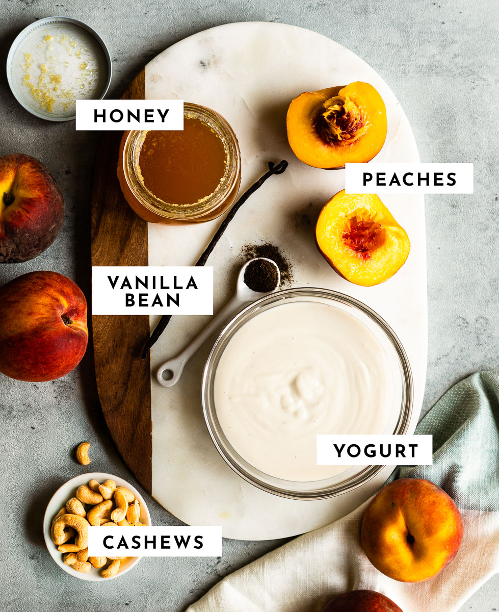Labeled ingredients for a Peach yogurt smoothie recipe