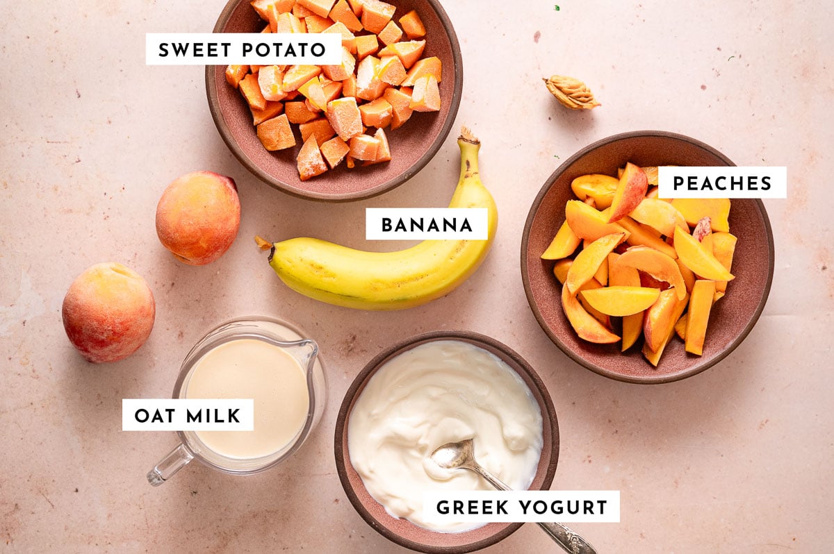 Labeled ingredients for peaches and cream smoothie
