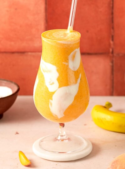 Peaches and cream smoothie on the counter