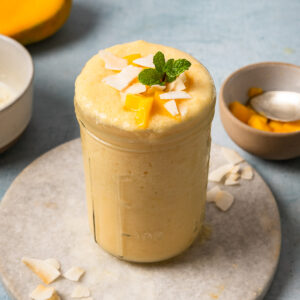 Pineapple cottage cheese smoothie ready to sip