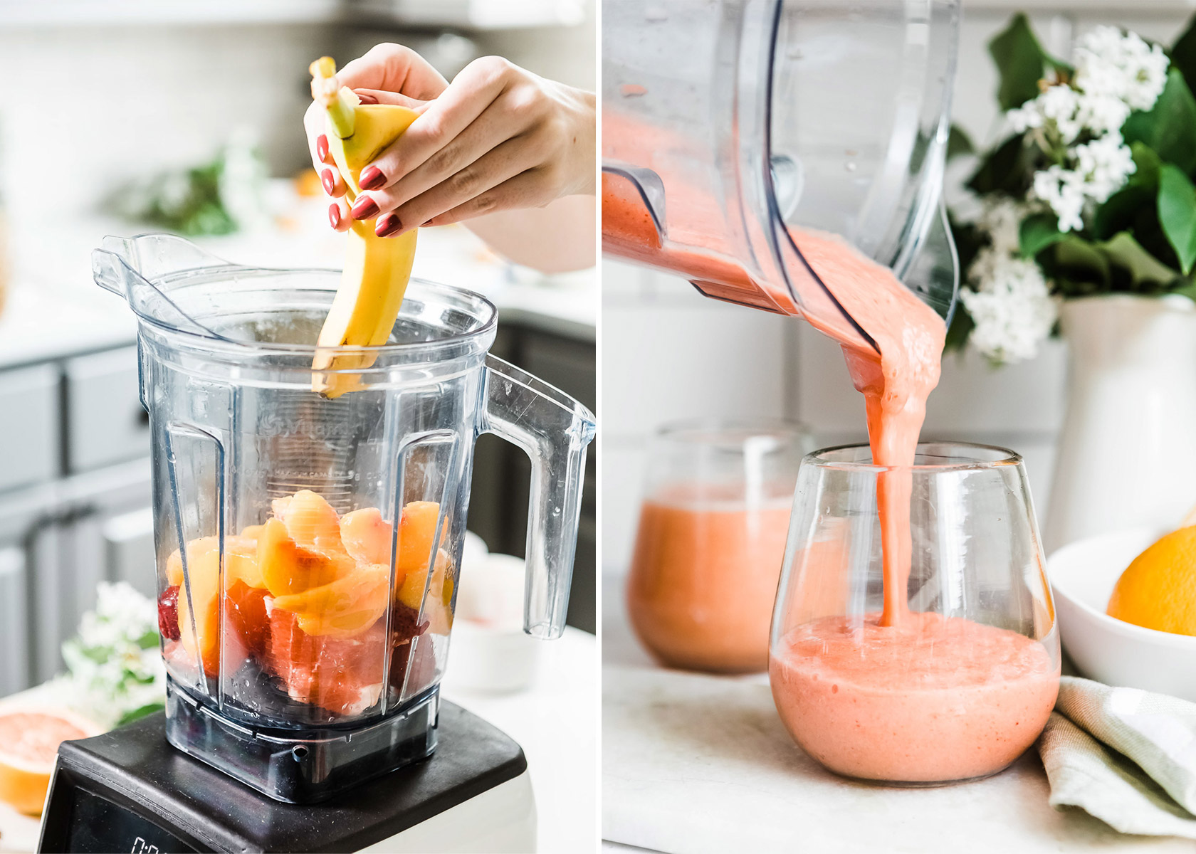A hand peeling open a banana to place inside a blender, and a blender container filled with pink grapefruit smoothie being poured into a stemless wine glass.
