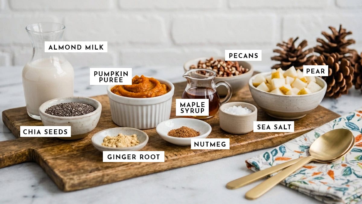 Assorted toppings for pumpkin chia pudding with nuts, seeds, and fruit.