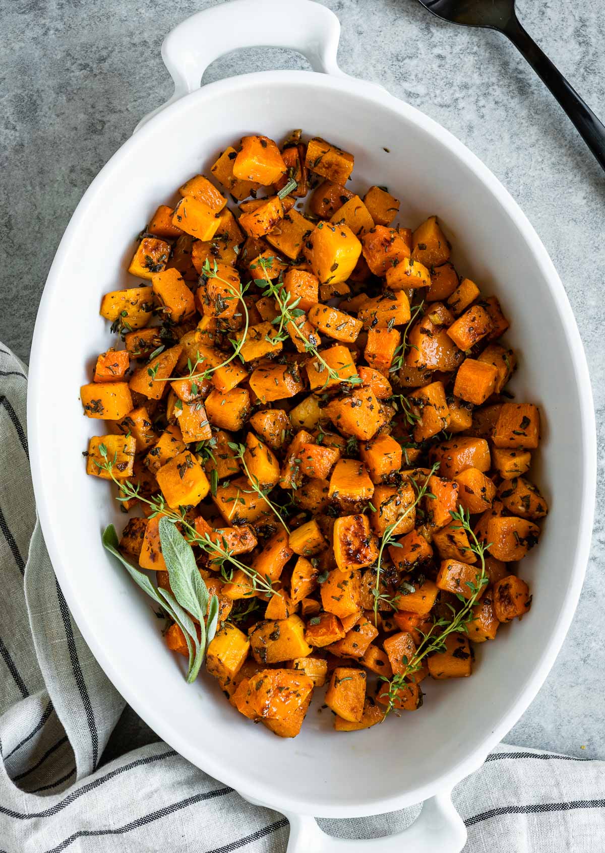 Healthy roasted butternut squash cubes in a bowl