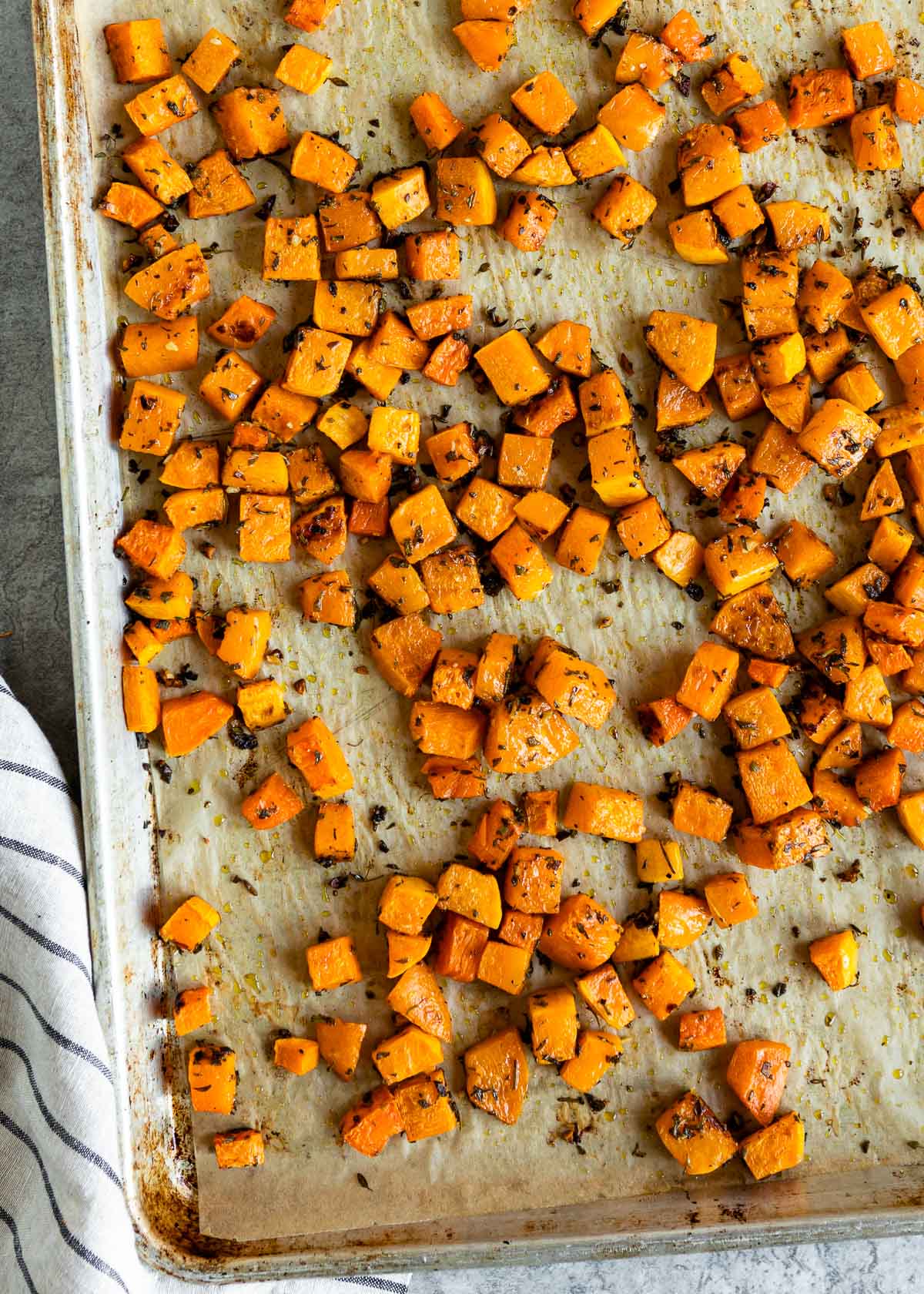 Roasted butternut squash on a tray