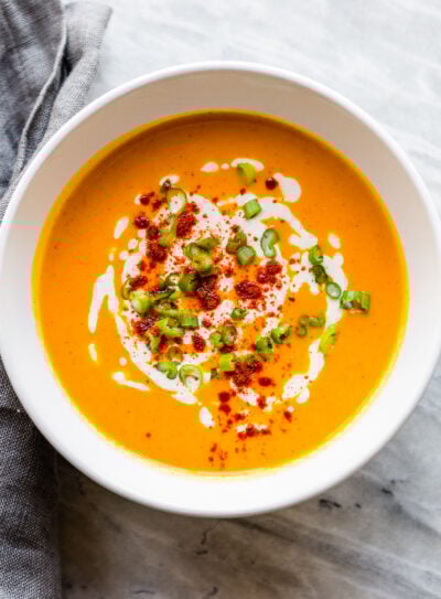 Creamy roasted red pepper soup in a bowl