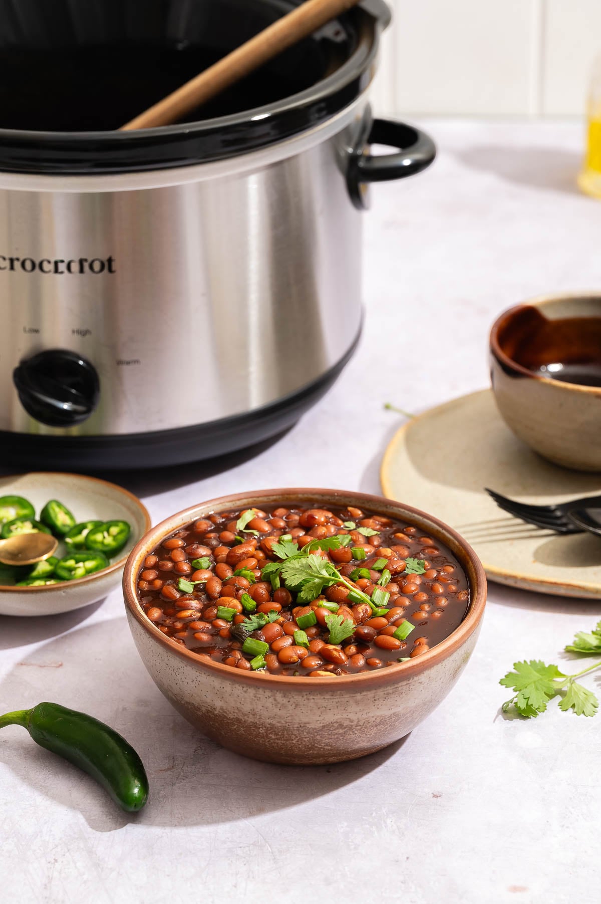 Hot bowl of slow cooker baked beans garnished with cilantro and sliced green onion