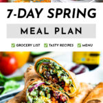 White box with black text saying 7-Day Spring Meal Plan showcasing three photos Including Strawberry Carrot Smoothie, right Berry Salad, & Veggie Wraps with Hummus.