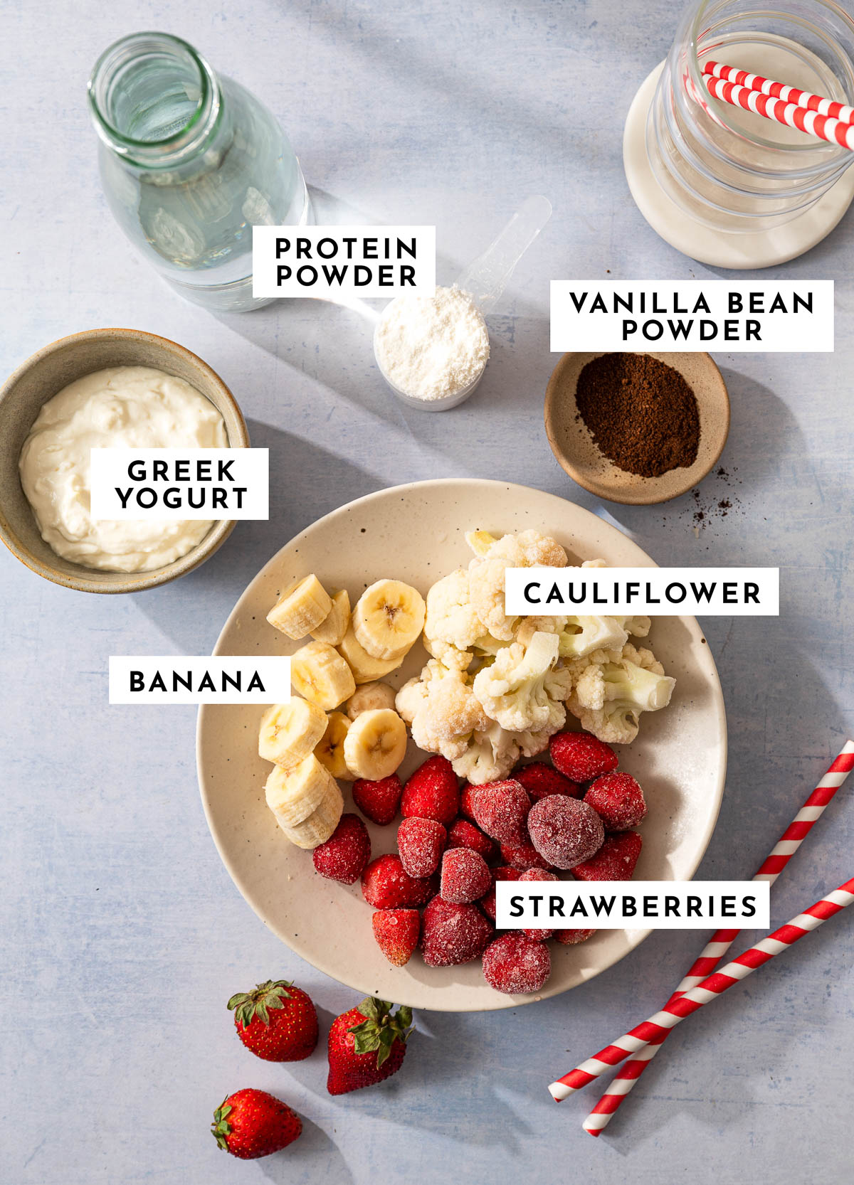 Ingredients for strawberry protein shake