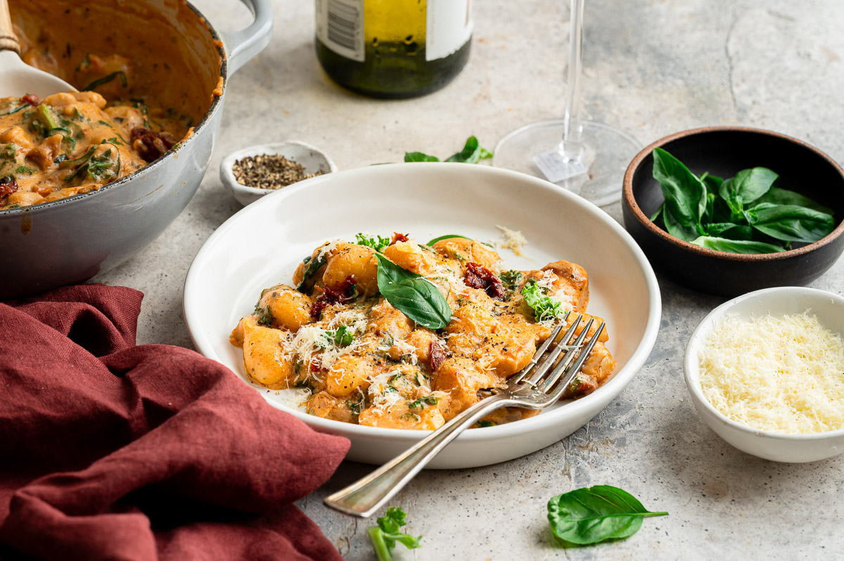 Freshly prepared Tuscan vegan gnocchi recipe.