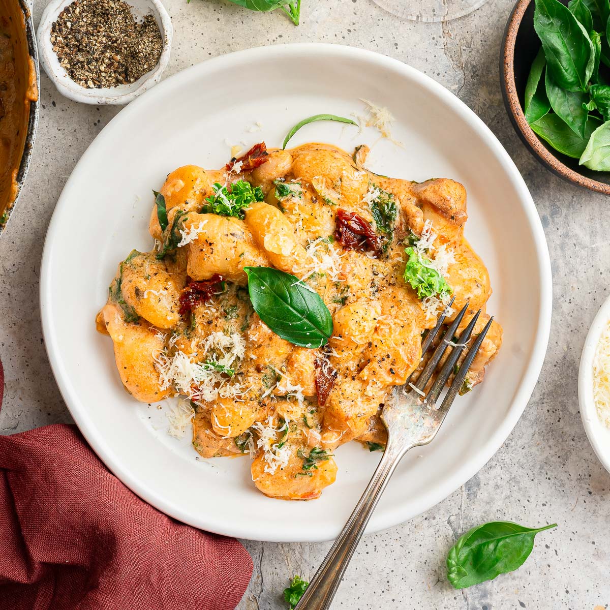 A bowl of vegan Tuscan gnocchi