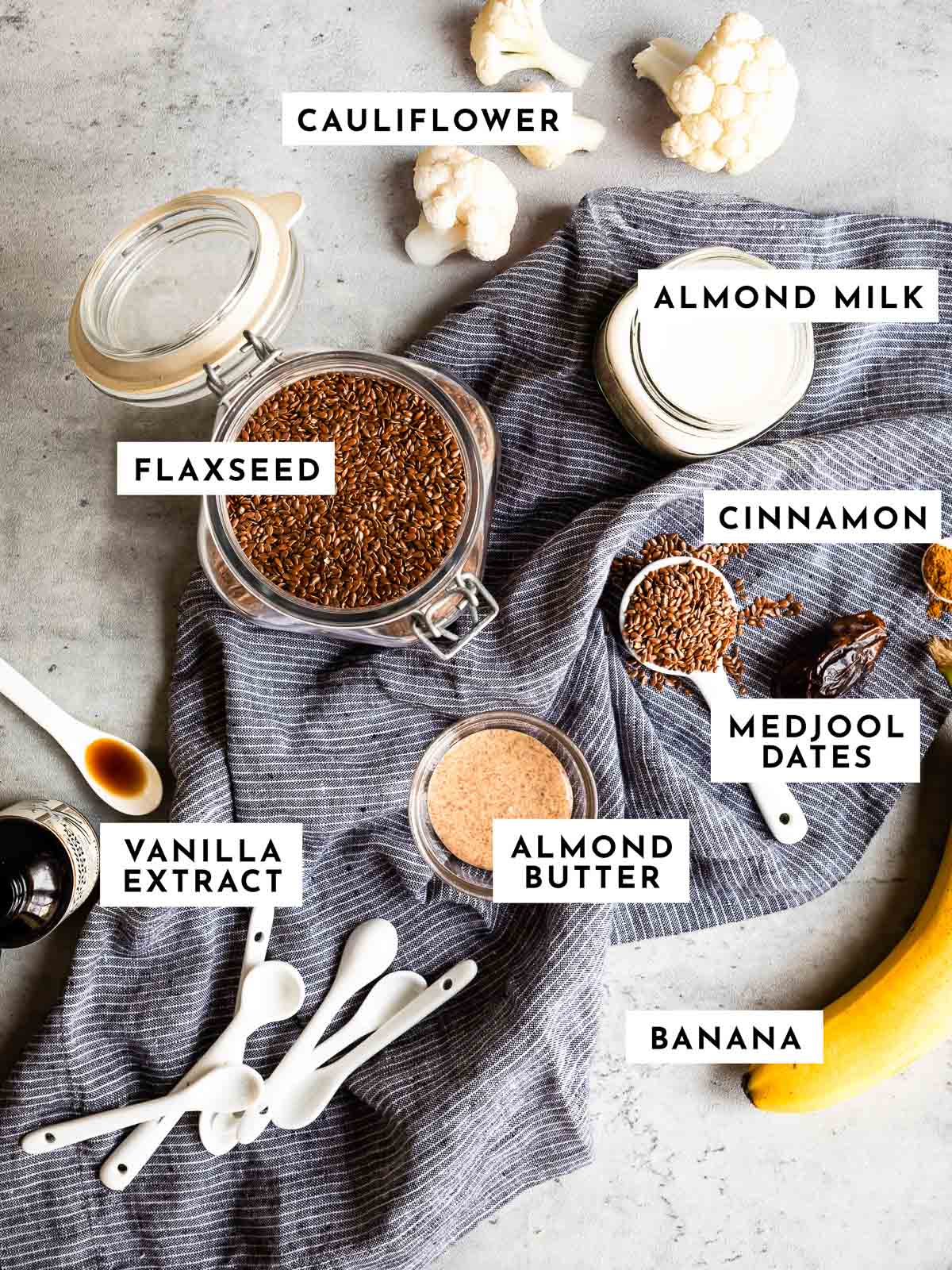 Ingredients for making vanilla flaxseed smoothie recipe