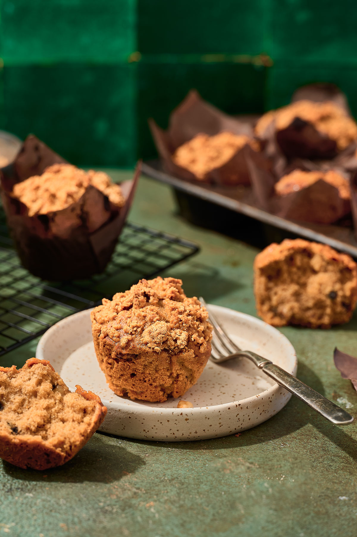 Healthy banana muffin on a white ceramic plate
