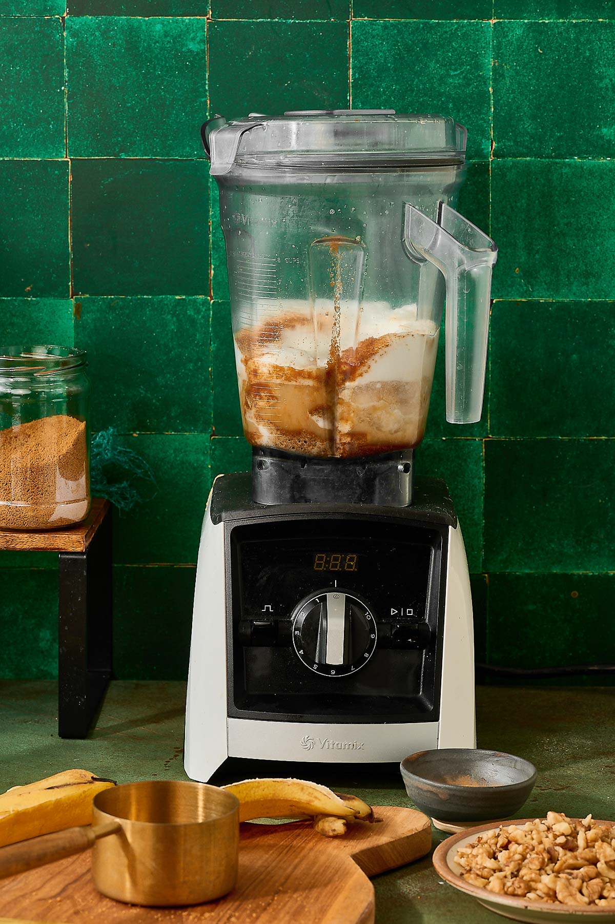 Vegan muffin batter blending in a high-speed blender