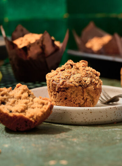 Fluffy vegan banana muffin on a ceramic plate