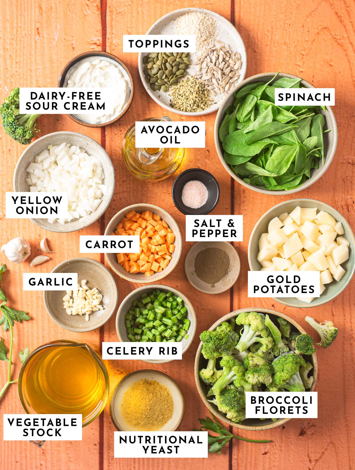 Ingredients for making Creamy vegan broccoli soup.