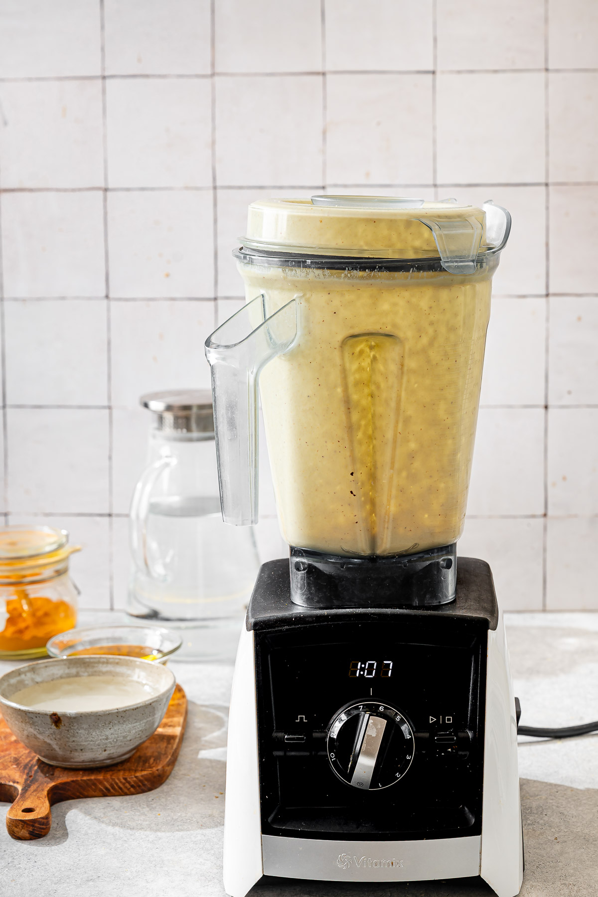 Vegan butter is being blended in a high-speed blender