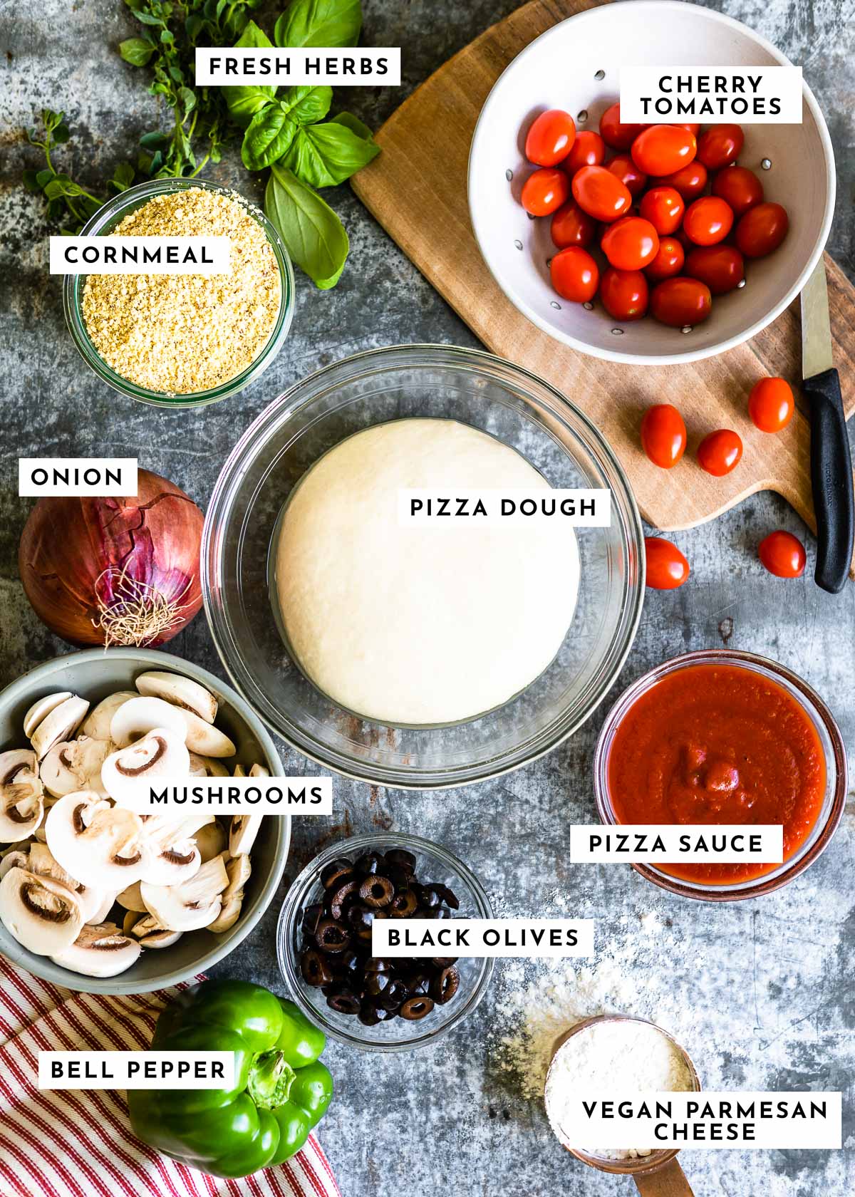 Labeled Ingredients for vegan pizza