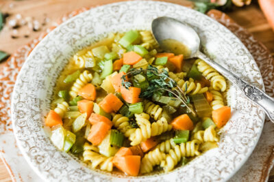 1-pot vegetable noodle soup in a bowl
