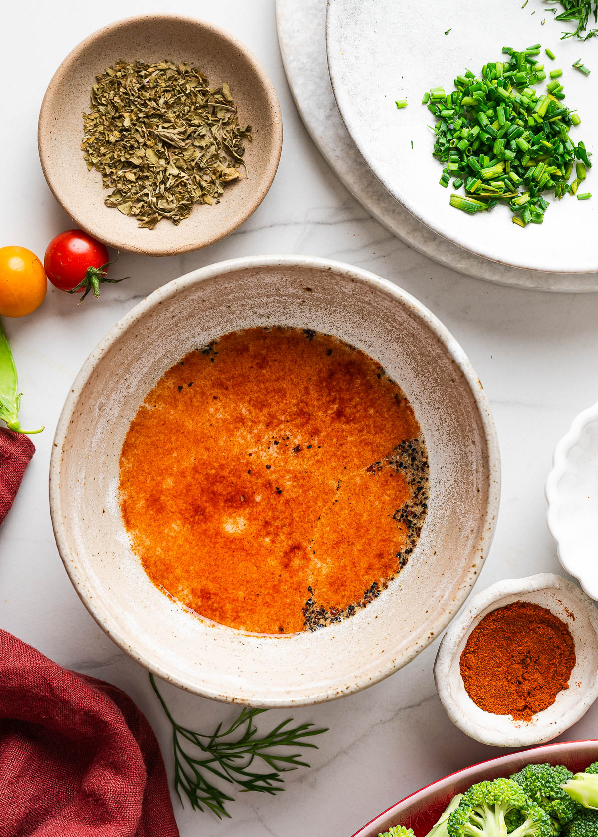 Layer of spices over cashew milk. 
